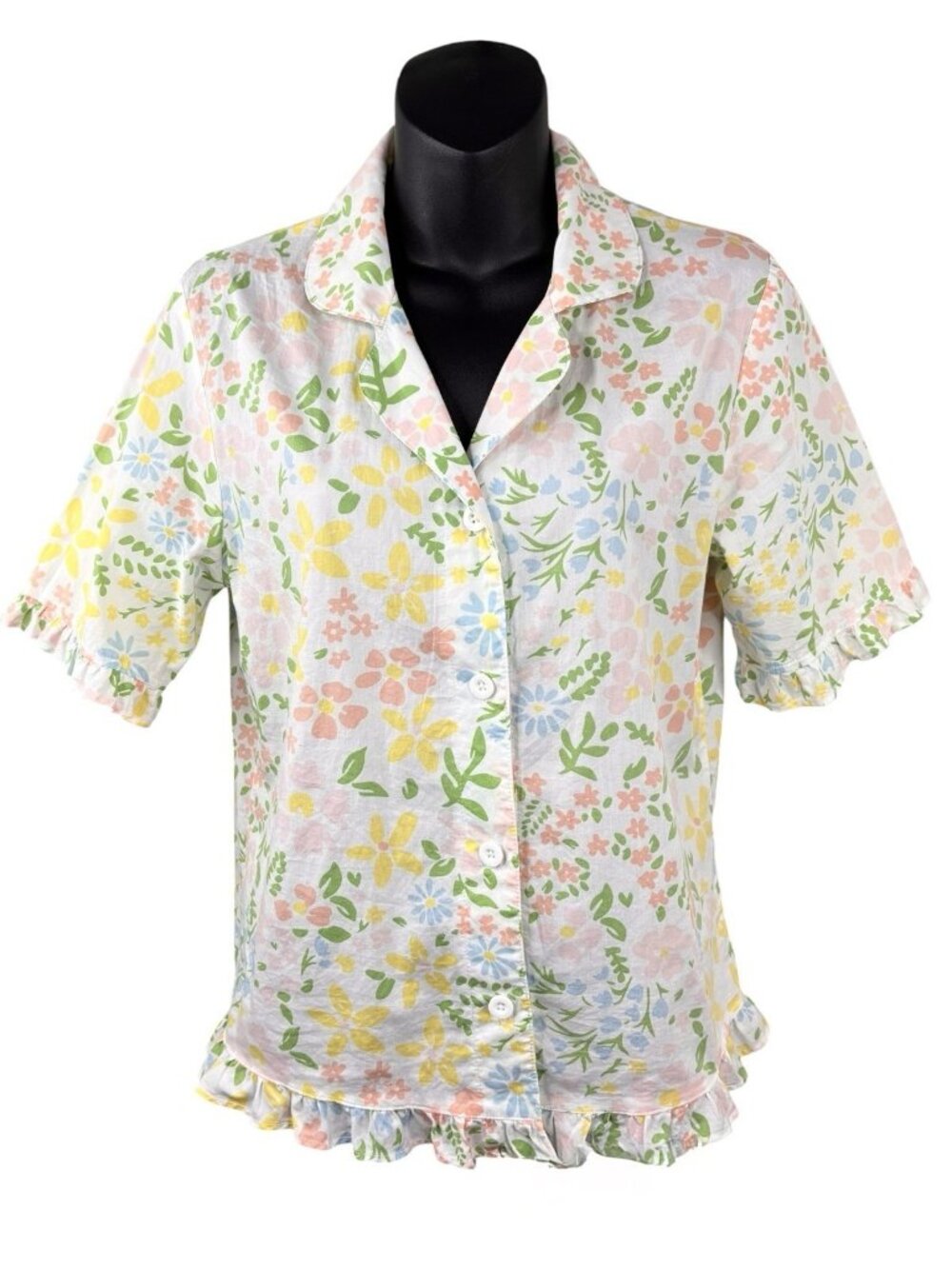 Summer Doll Core Floral Coquette Short Sleeve Button Up Top Ruffle Trim Women XS